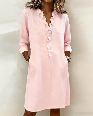 Kjole Rynket V-Hals Ensfarvet