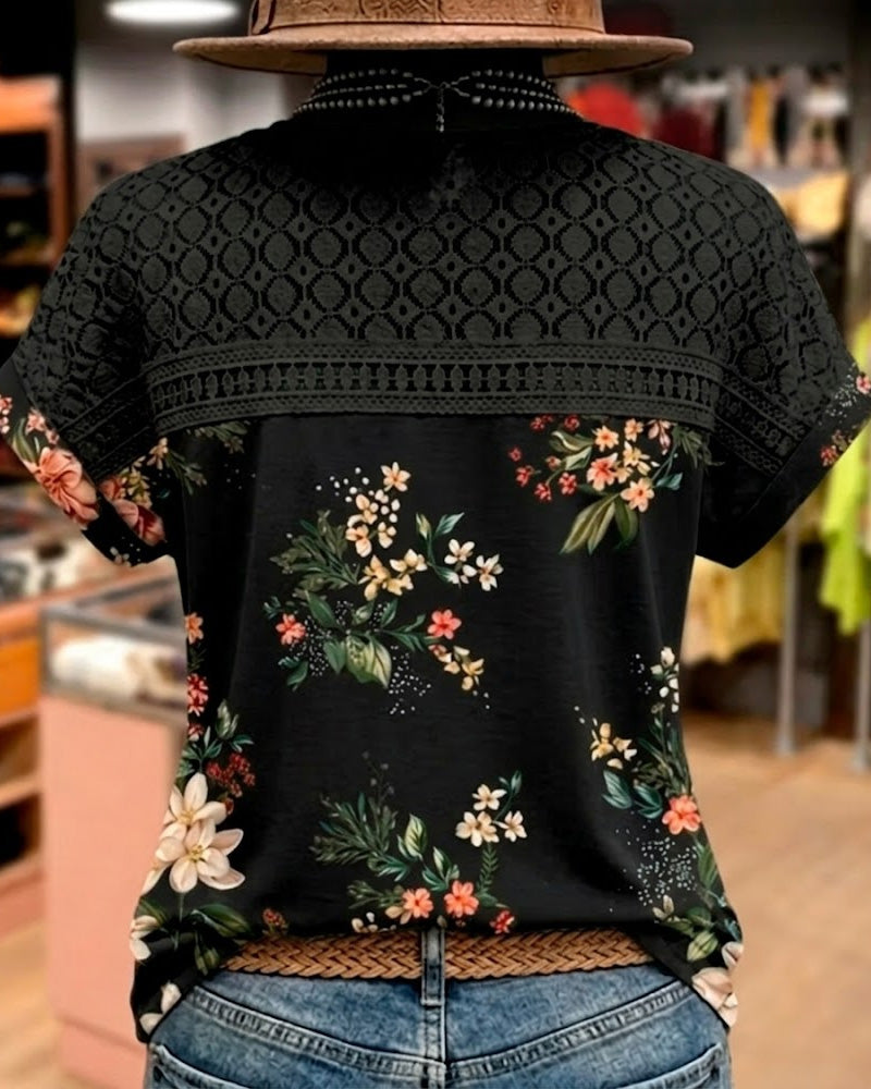 T-Shirt Udskæring Patchwork Kort Ærme