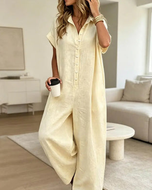 Afslappet Ensfarvet Jumpsuit Med Krave