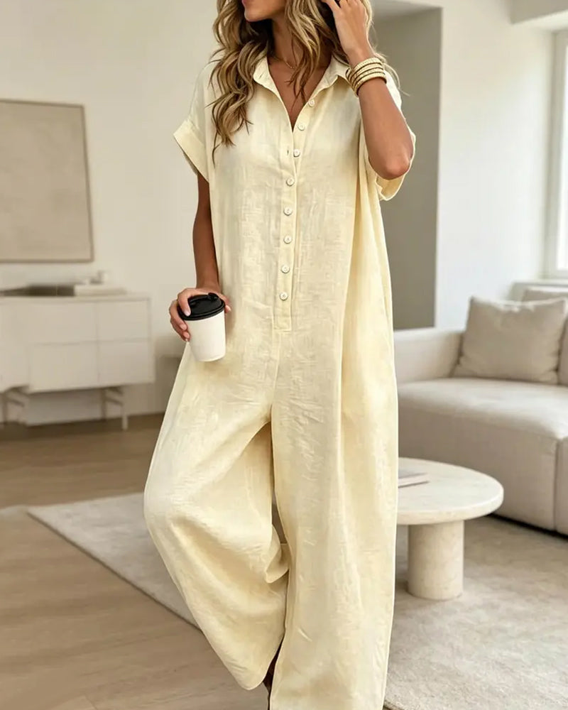Afslappet Ensfarvet Jumpsuit Med Krave