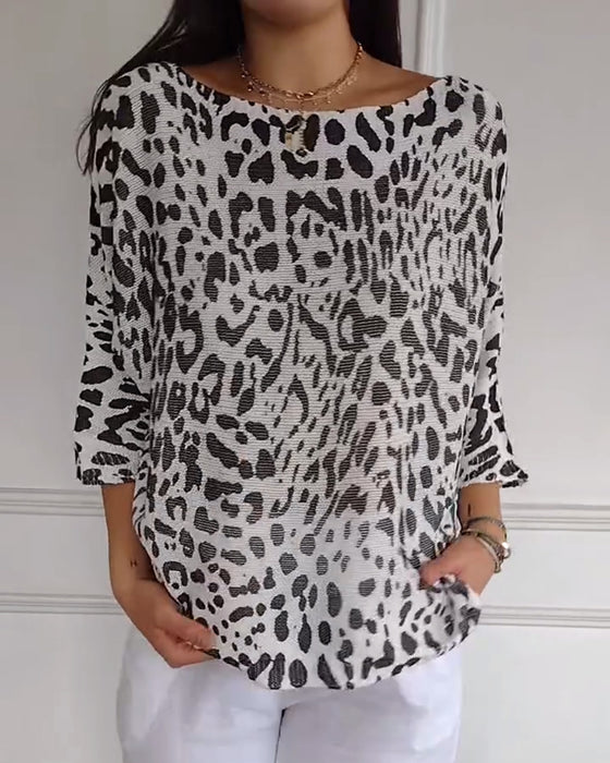 Sweater Trekvartærme Leopardprint Løstsiddende