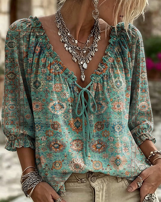 Bluse V-Hals Bindebånd Vintage Tryk