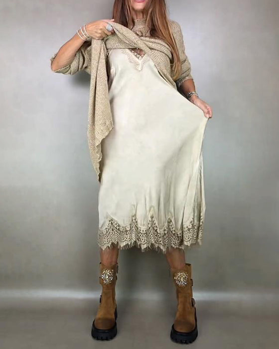 To - Delers Sæt Med Strikket Kjole Og Spids Cami - Kjole