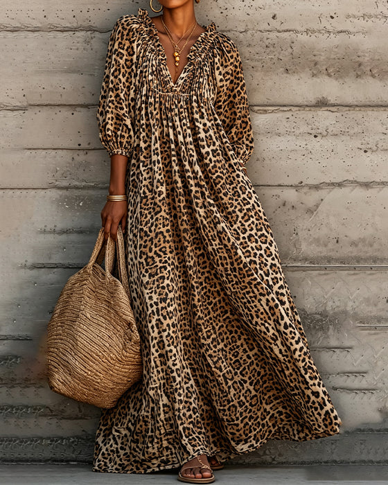 Kjole Leopard Tryk V-Hals Puff Ærme
