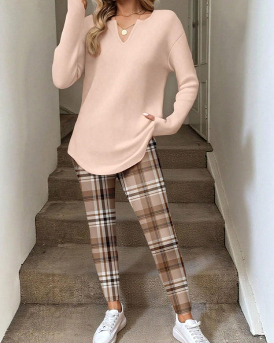 Sæt V-Hals Ensfarvet Top + ternet Bukser Loungewear