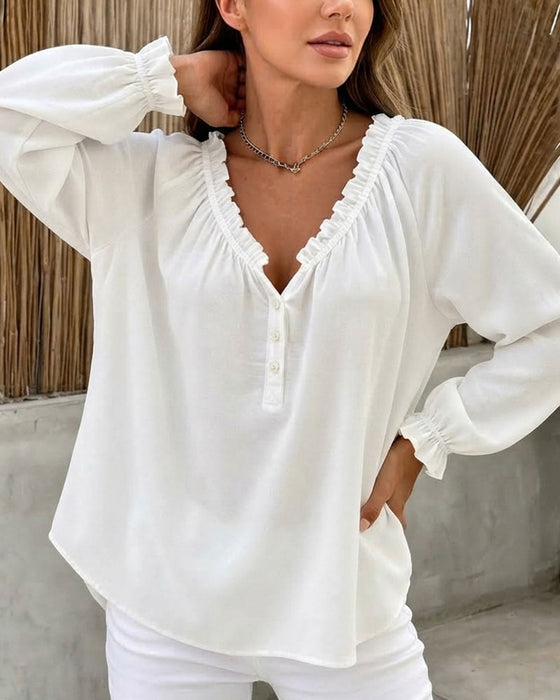 Bluse Ruffle Kant Lang Ærme V-Hals