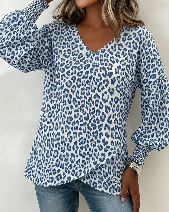 Top Leopard Lanterne-Ærme V-Hals