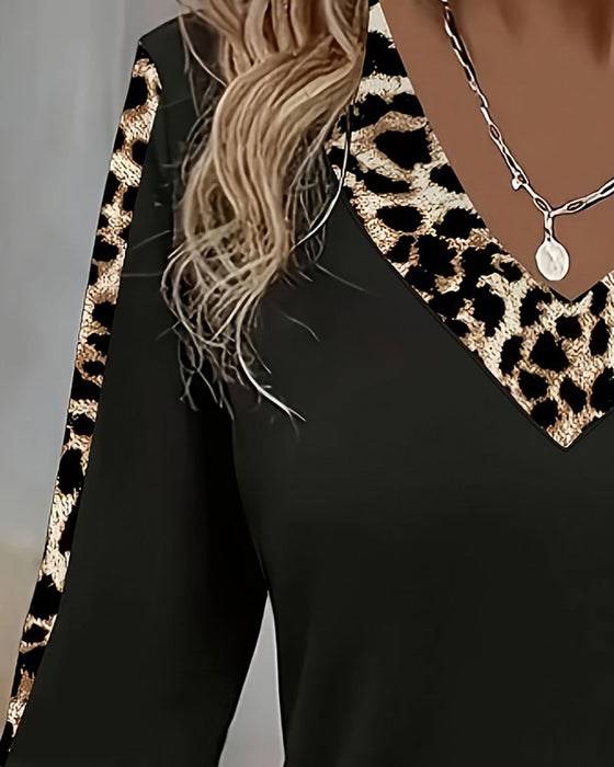 T-Shirt Lang Ærme V-Hals Leopard Patchwork