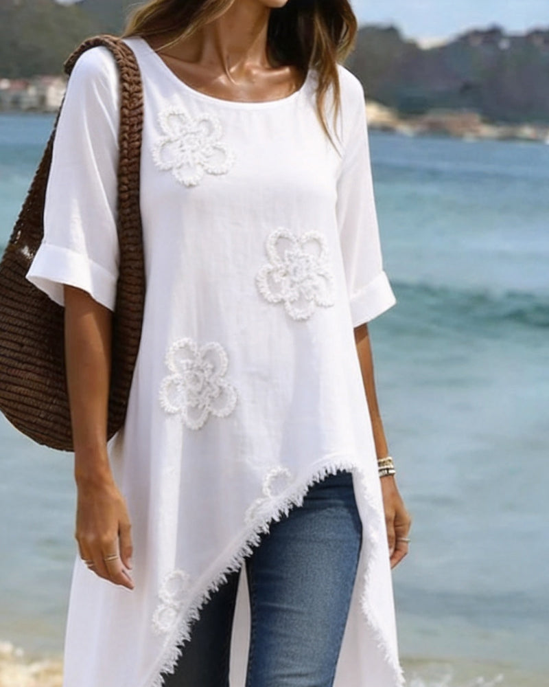 Bluse Rund Hals Løs Asymmetrisk