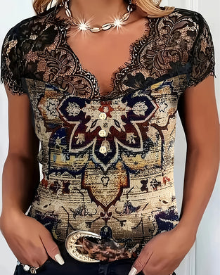 Retro-Bluse Med V-Udskæring Og Blonder