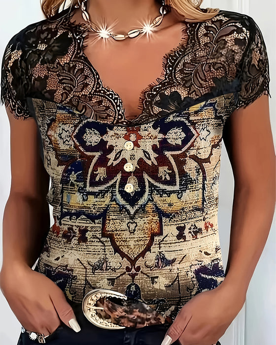 Retro-Bluse Med V-Udskæring Og Blonder