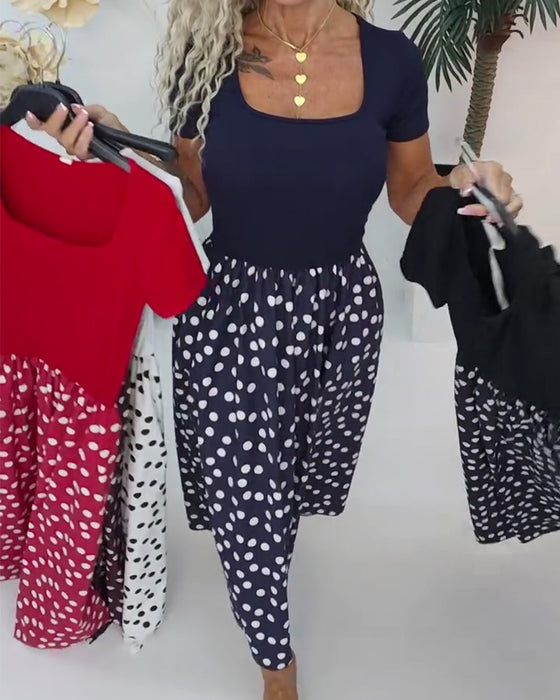 Kjole Firkantet Hals Polka Dot Patchwork