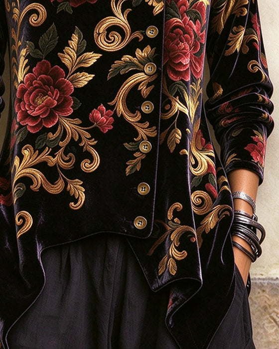 Top Vintage Blomstret Turtleneck Skråknappet
