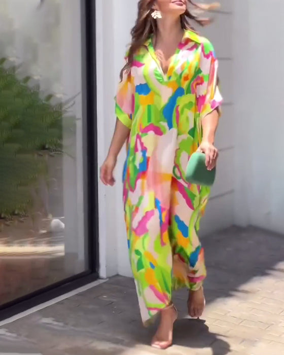 Farverig kjole med skjortekrave