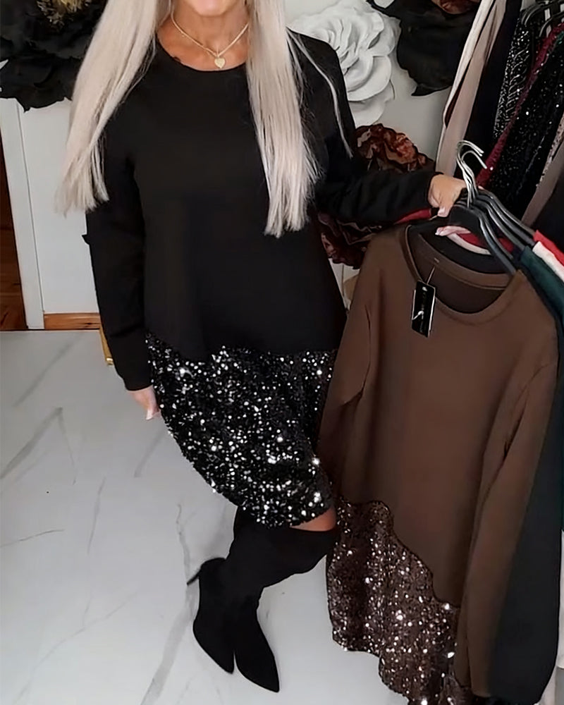 Kjole Rund Hals Langærmet Med Glitter Patchwork