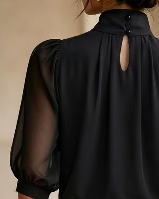 Bluse Høj Hals Pufærme Albuelang Chiffon
