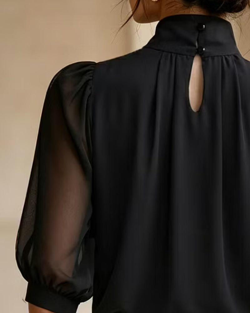 Bluse Høj Hals Pufærme Albuelang Chiffon