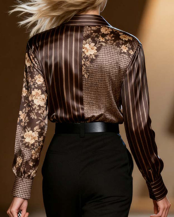 Bluse med afslappet ternet stribet print og lange ærmer