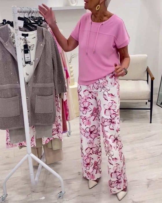 T-Shirt Rund Hals Snøre Ensfarvet Kortærmet