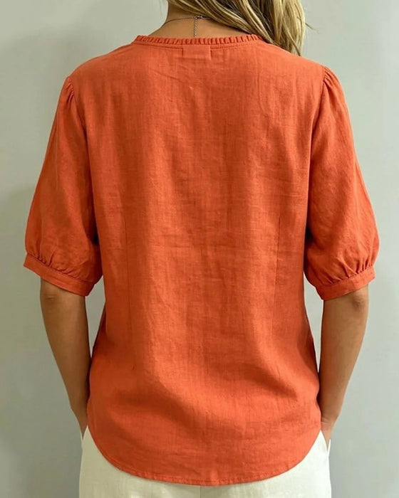 Bluse Ruffle Trim Knap Lomme