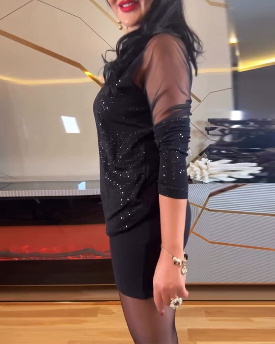 Top sexet v-hals mesh og ensfarvet pailletter