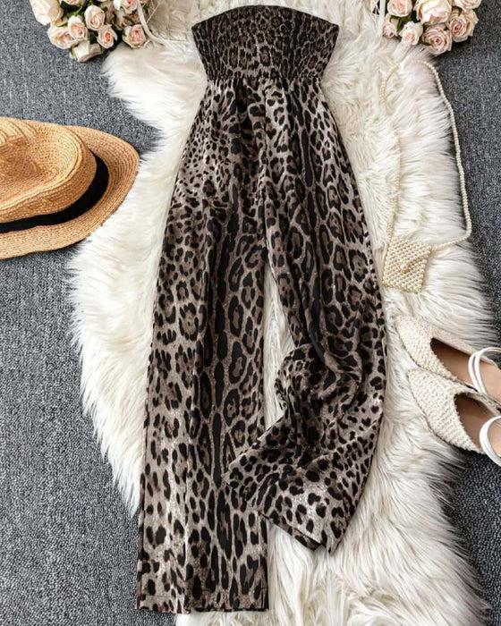 Jumpsuit Stropløs Leopard Tryk Bred Ben Taljeret
