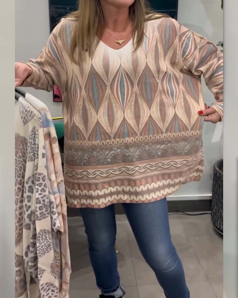 Topp Geometrisk Diamanttryk Langærmet V-Hals