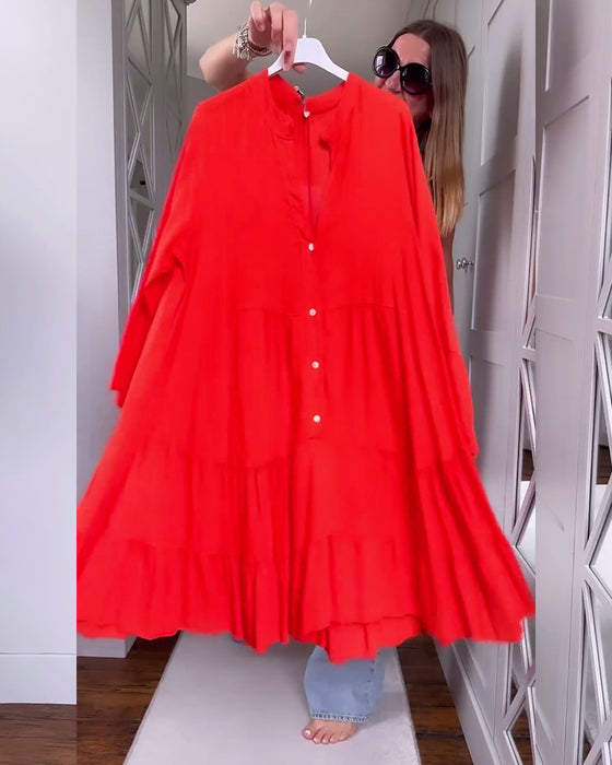 Rød langærmet kjole med knapper