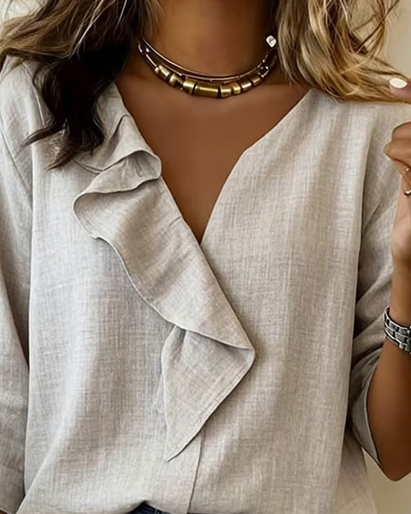 Bluse Rynket Ensfarvet Langærmet