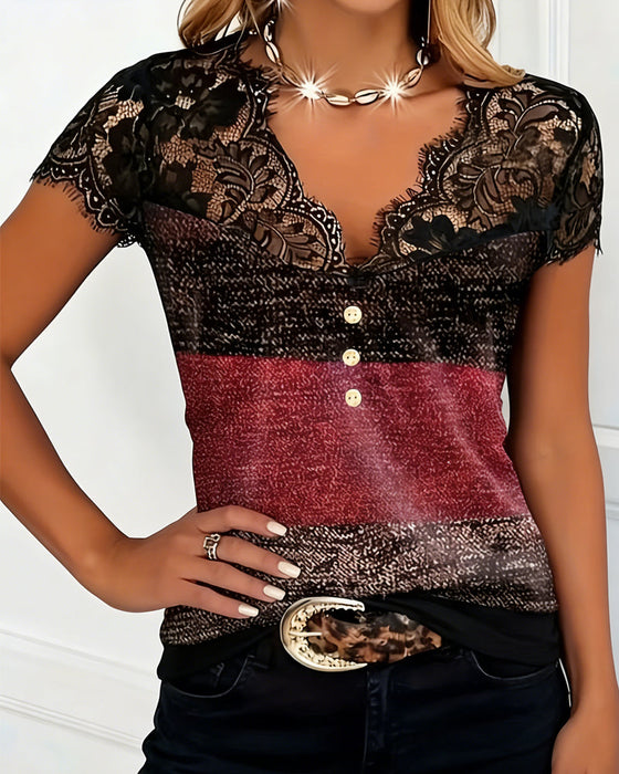 T-Shirt V-Hals Blonder Patchwork Kontrastfarve