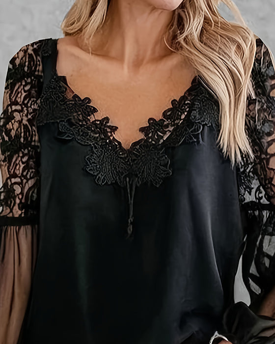 Bluse V-Hals Blonde Patchwork Mesh