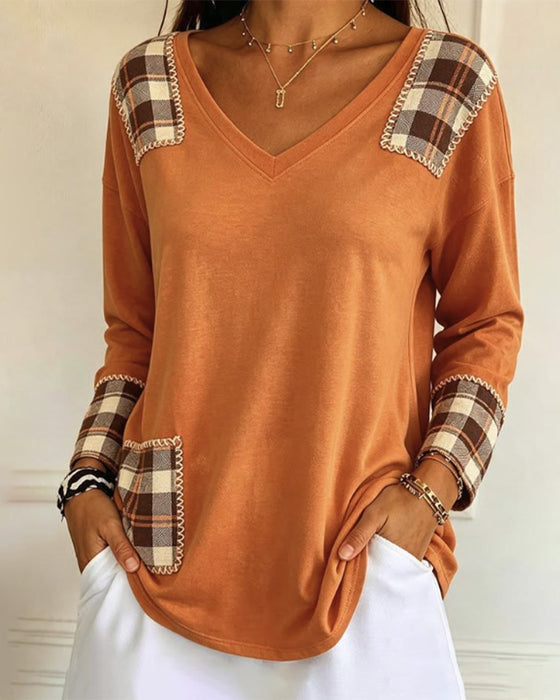 Top ternet Patchwork V-Hals Casual