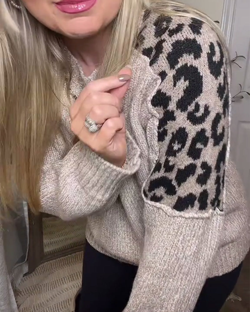Pullover afslappet rund hals med leopardprint og patchwork