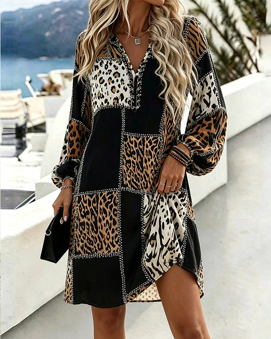 Kjole V-Hals Leopard Print Puff Ærme Kontrast