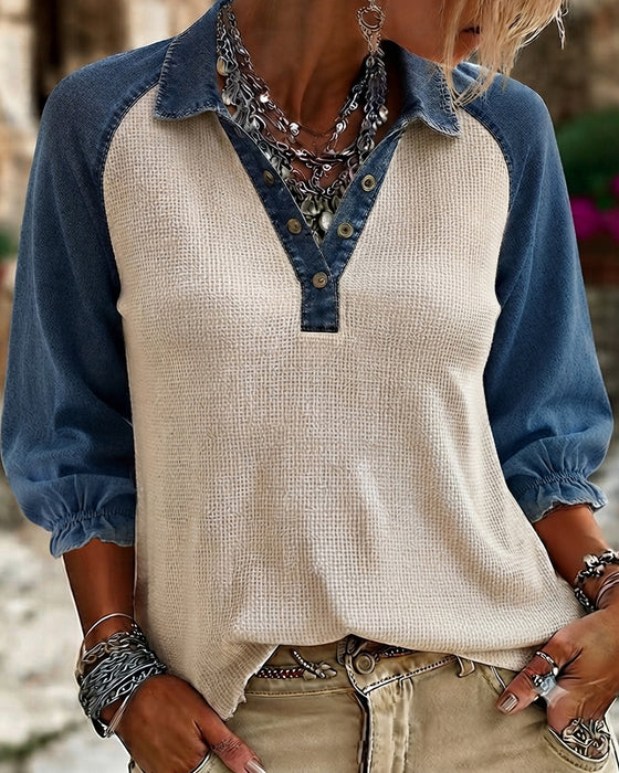 Bluse V-Hals Vaffel Tekstur Kontrast Denim