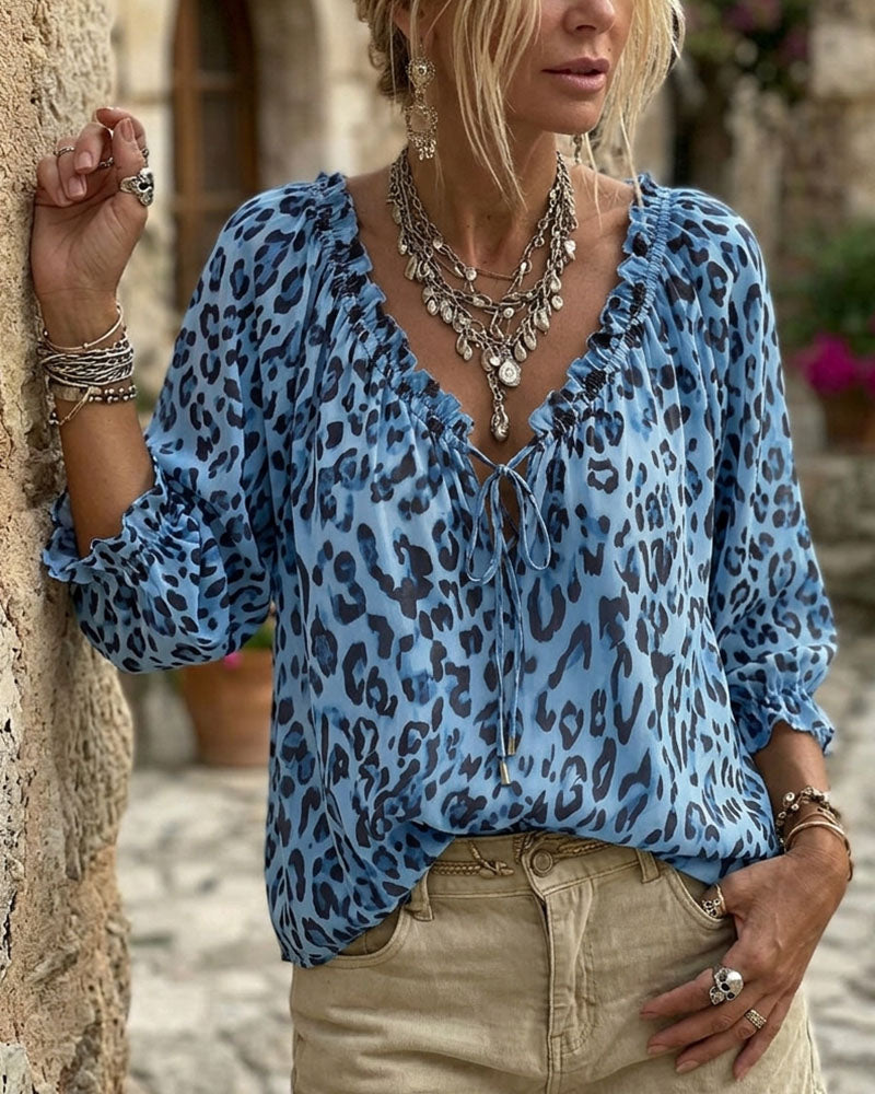 Bluse Leopardmønster V-Hals Puffærme Snøring
