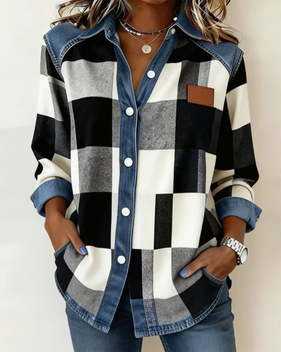 Skjorte Rutet Farveblok Denim Patchwork