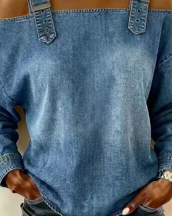 Bluse Spagettibånd Off-Shoulder Denim Metal Knap