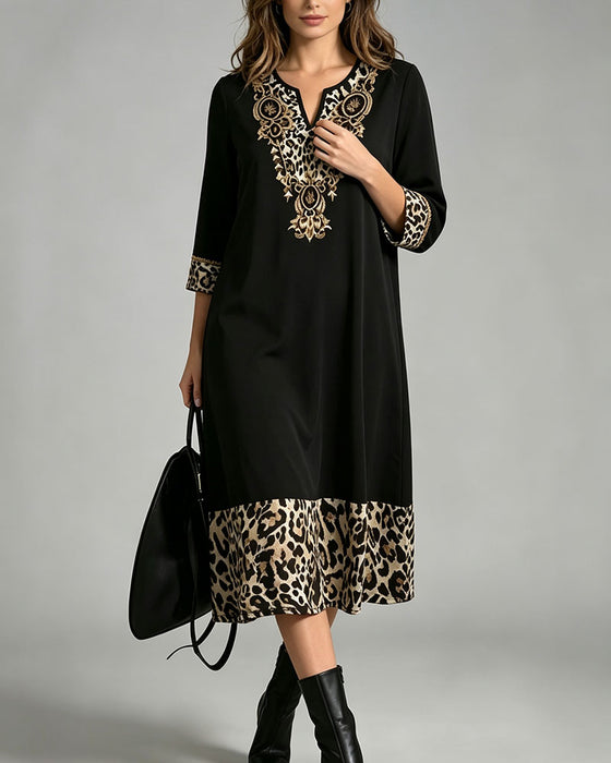 Dress Mini V-Hals Leopard Tryk Patchwork Løs
