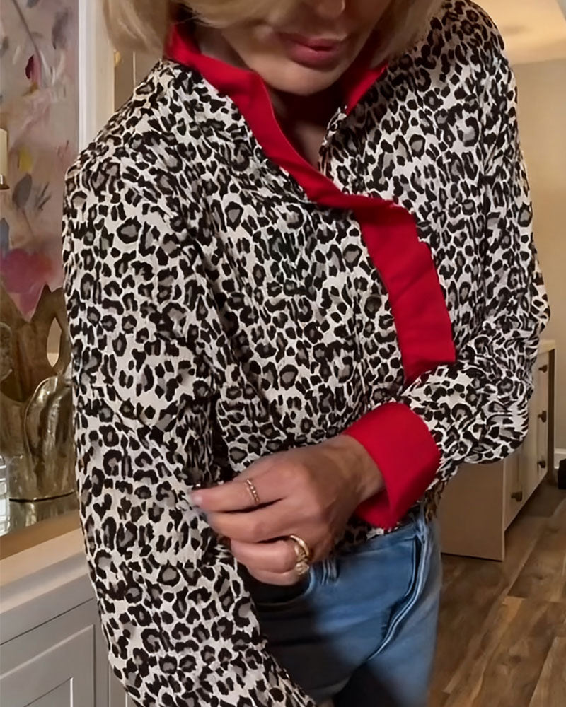 Bluse Rynket Leopardprint Farveblokeret