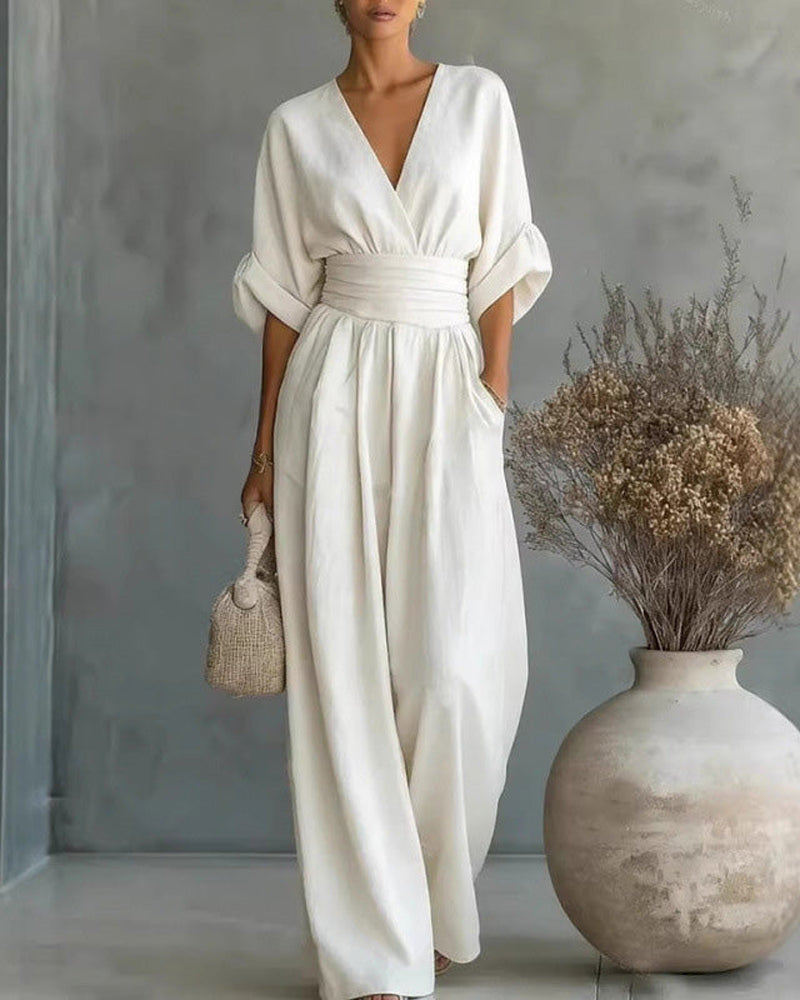 Jumpsuit V-Hals Kryds Taljeret Bred Ben