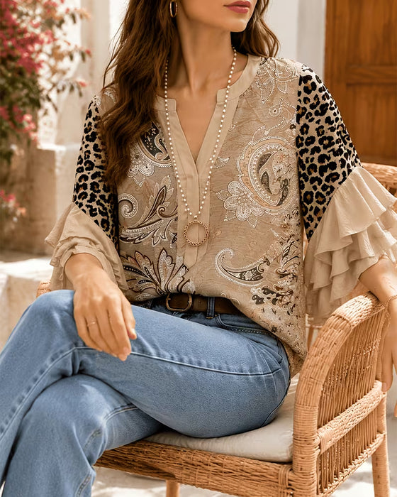 Bluse Leopard Tryk Panel Ruffle Ærme