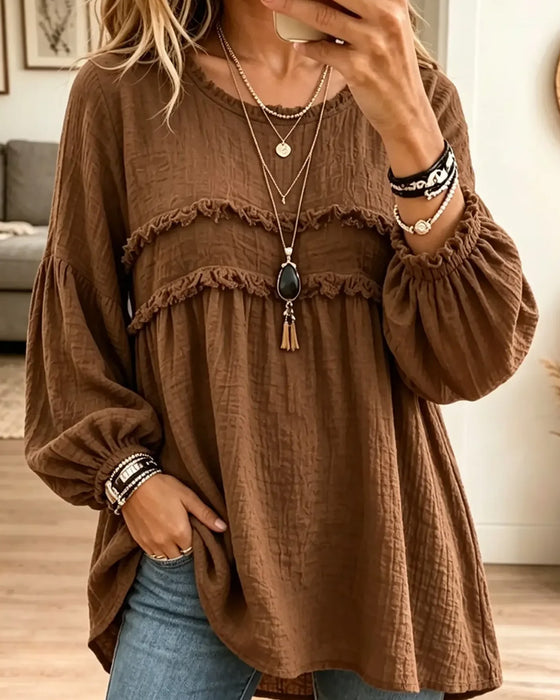 Bluse Ensfarvet Rynket Casual
