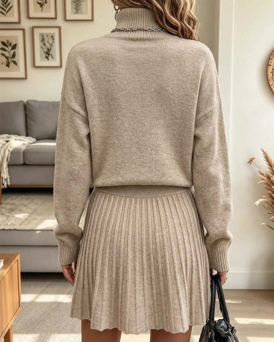 Sæt Høj Krave Pullover Lang Ærme Plisseret Nederdel