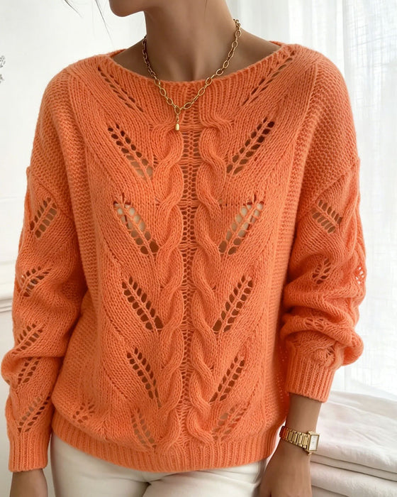 Pullover Rund Hals Drop Skulder Udskæring Solid Strikket