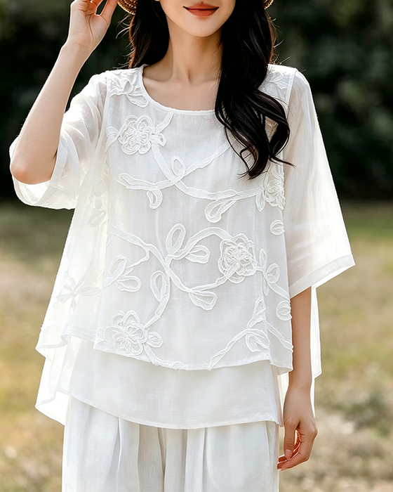 Bluse Enfarvet Rund Hals