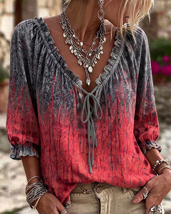 Bluse Gradient Tie-Dye Snørebånd Tre Kvart Ærme