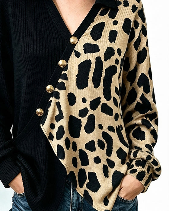 Pullover Leopard Patchwork Asymmetrisk Knapstolpe Farveblok