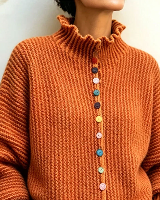 Pullover Farve Knap Ruffle Kant Strikket