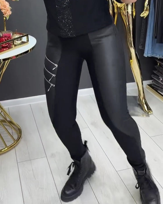 Leggings PU Patchwork Lynlås Udsmykket